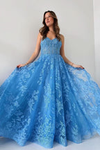 Lovely Blue Spaghetti Straps Tulle Appliques Long Prom Dress BM bride