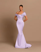 Grey Off-The-Shoulder Evening Dress Bateau Pleated Ball Gown BM bride