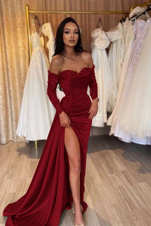 Off the Shoulder Long Sleeves Long Mermaid Prom Dress With Pleated BMBRIDE