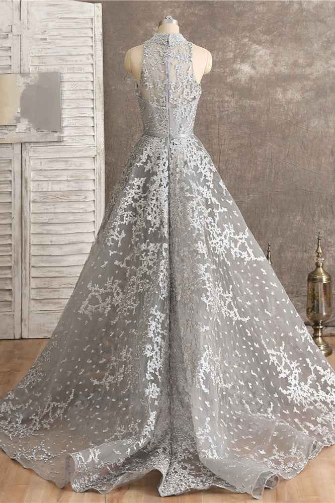 Silver High Neck Sleeveless Prom Dress Tulle Ruffles With Appliques