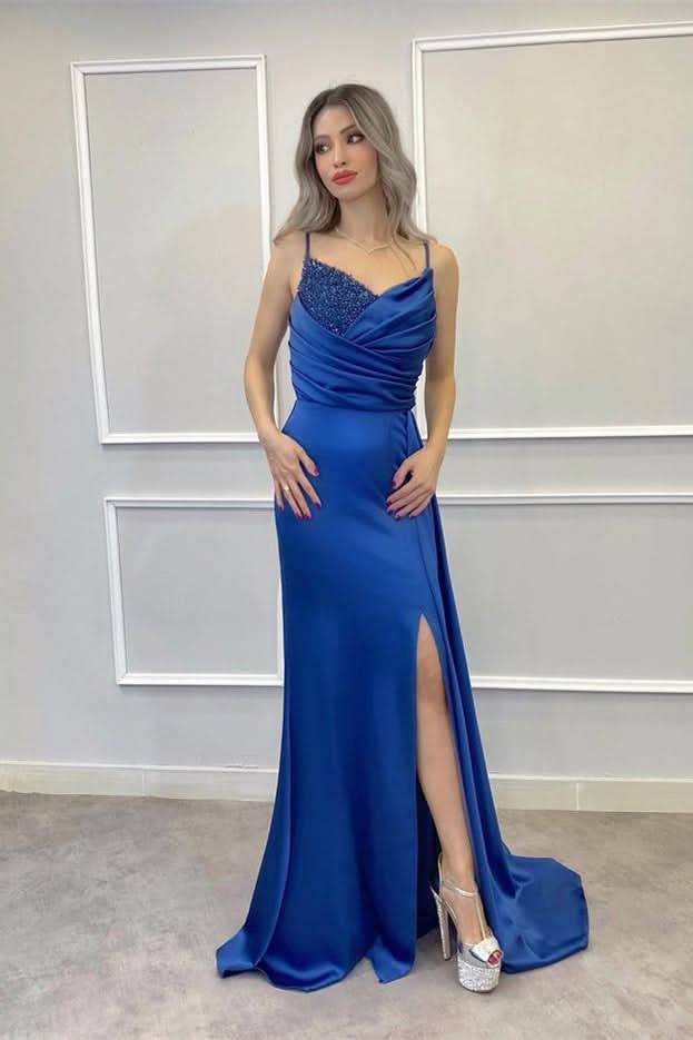 Spaghetti-Strap Beaded Long Mermaid Prom Dress with Split and Ruffles BM bride