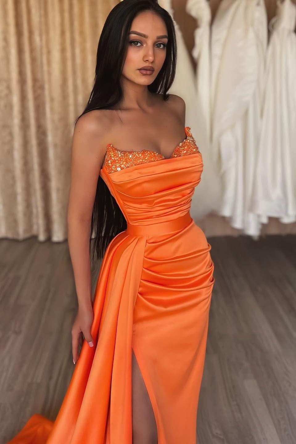 Orange Strapless Long Mermaid Prom Dress Split with Ruffles BM bride