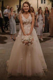 Long A-Line V-Neck Tulle Backless Wedding Dress with Lace Appliques BM bride
