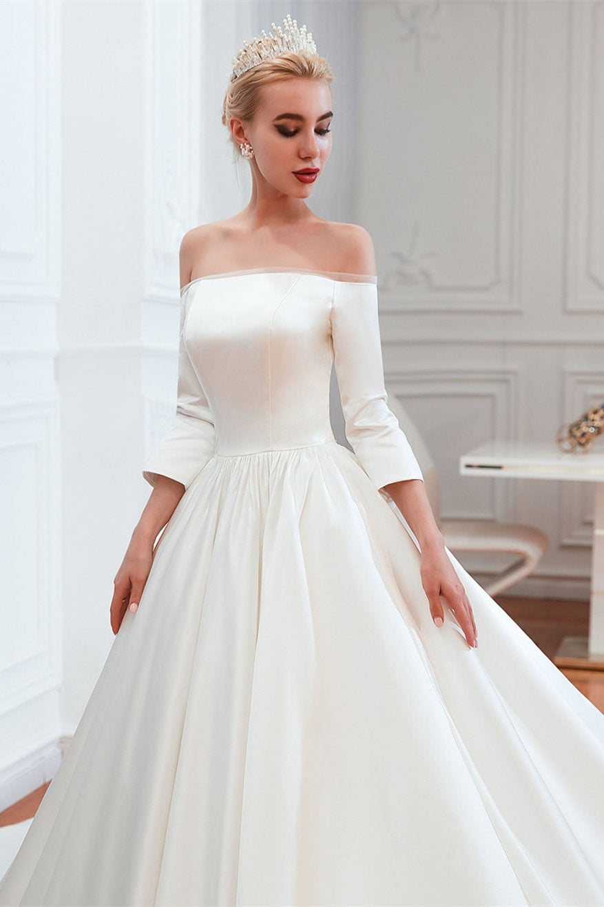 Off-the-Shoulder Half Sleeve Satin Wedding Dress BM bride
