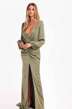Pink Long Sleeves V Neck Pleated Long Prom Dress With Front Split