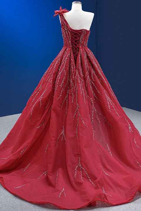 Red One Shoulder Mermaid Prom Dress Split With Ruffles Flower Appliques