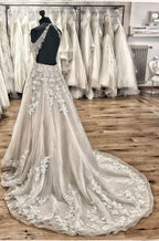 Halter Backless A-Line Wedding Dress with Lace Appliques, Train, and Tulle Ruffles BM bride