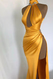 Elegant Sexy Champagne Gold Evening Dress with Off-the-Shoulder High Neck and Pleated Slit BM bride