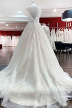 Spaghetti Strap V-Neck A-Line Backless Wedding Dress with Tulle Lace BM bride