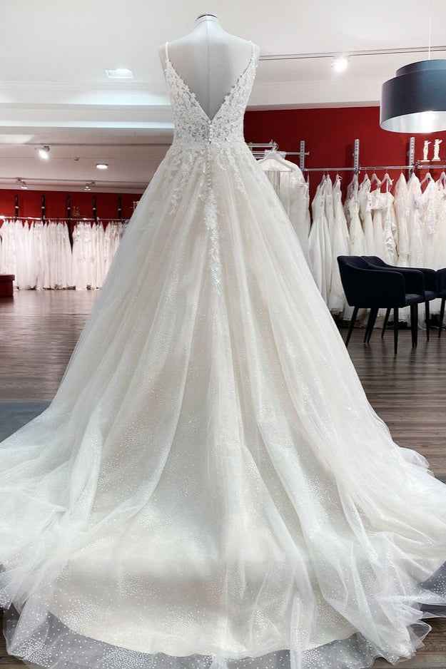 Spaghetti Strap V-Neck A-Line Backless Wedding Dress with Tulle Lace BM bride