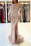 Long Sleeves Mermaid Prom Dress with Split, Beadings BM bride