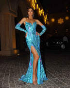 Chic Blue Strapless Sleeveless High Split Prom Dress With Gloves