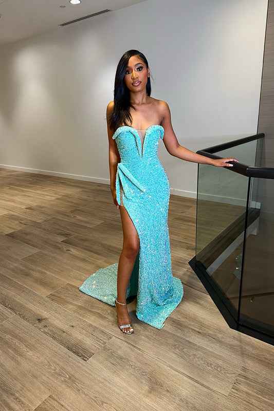Blue Sequins Sleeveless Sweetheart Mermaid Prom Dress With Split Trumpet