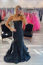 Strapless Sleeveless Long Front Split Prom Dress With Ruffles