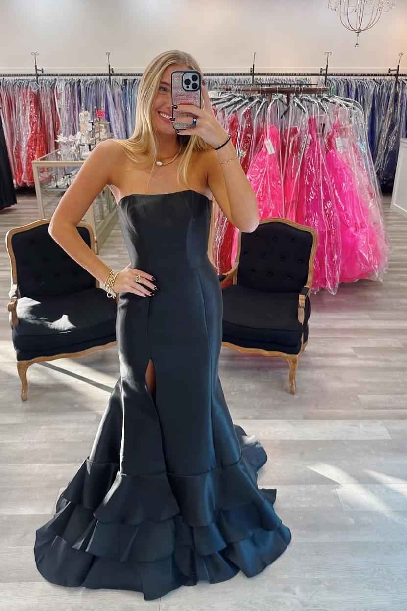 Strapless Sleeveless Long Front Split Prom Dress With Ruffles