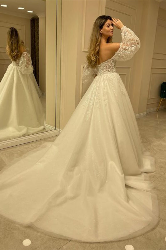 Sweetheart Bubble Sleeve Tulle Wedding Dress with Lace BM bride