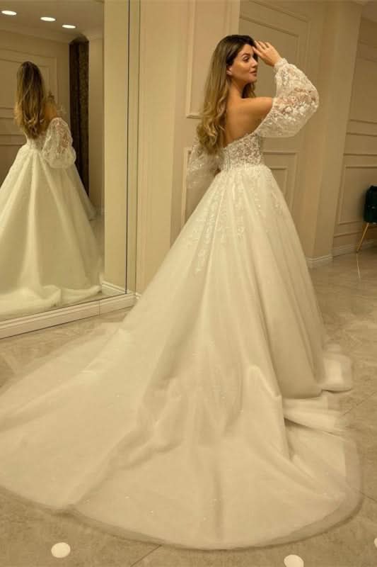 Sweetheart Bubble Sleeve Tulle Wedding Dress with Lace BM bride