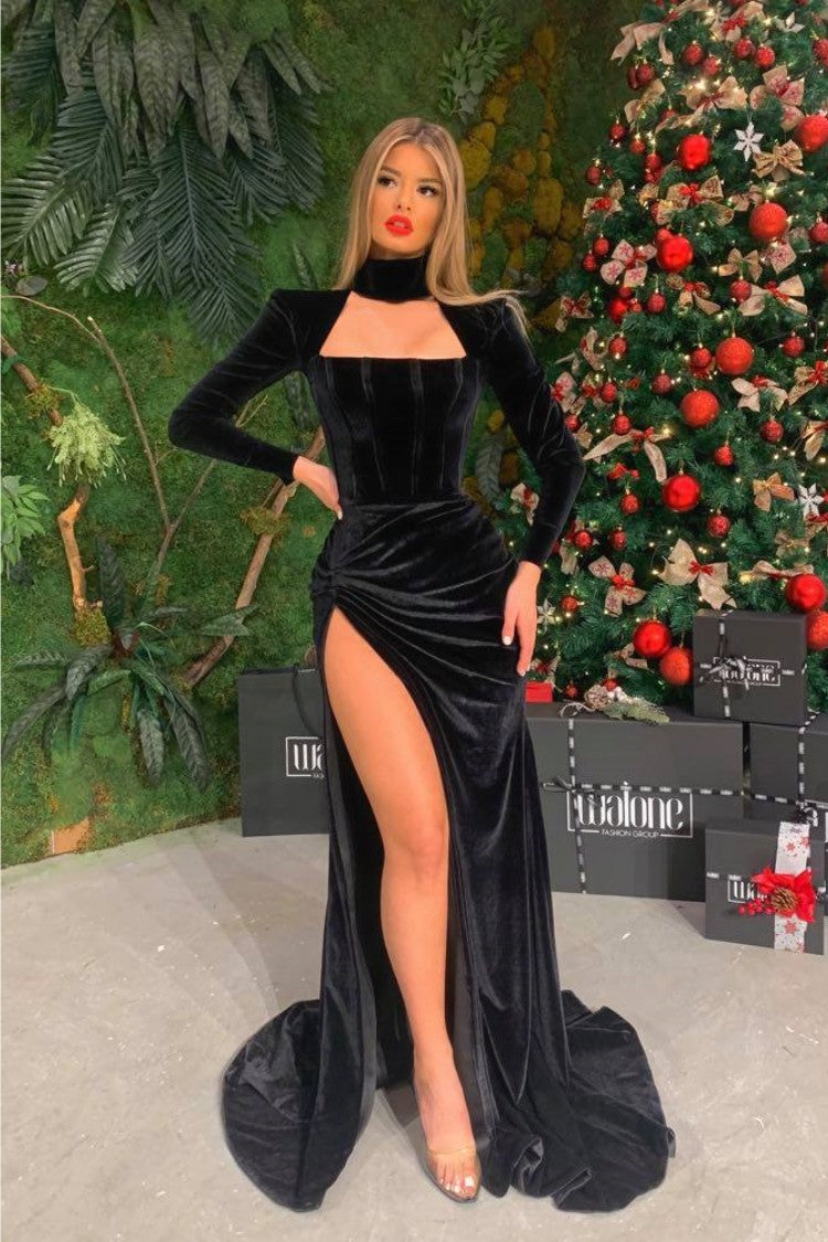 Prom Dress Black Velvet Long Sleeves with High Slit Halter BM bride