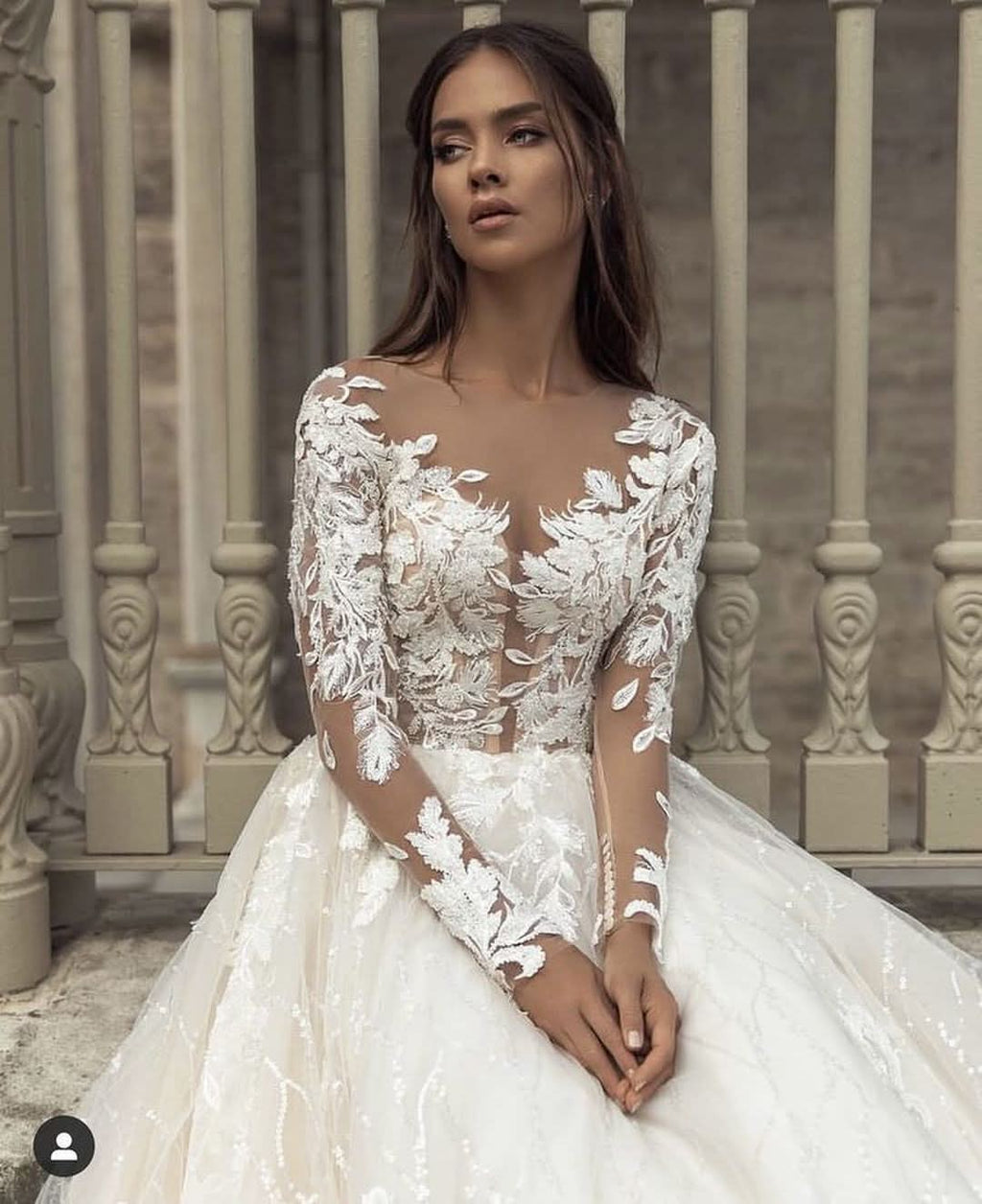 Gorgeous Bateau Long Sleeve Train A-Line Wedding Dress with Lace Appliques BM bride