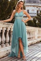 Spaghetti Strap Sweetheart Sleeveless Hi-Lo Short Prom Dress With Pearls Tulle