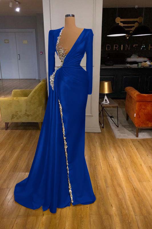 Charming Long Sleeves Yellow Split Long Prom Dress With Beadings Sequins BMBRIDE