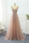 Straps V Neck Sleeveless Tulle A Line Prom Dress Long With Beading