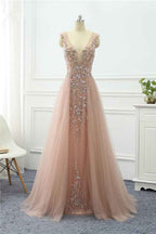 Straps V Neck Sleeveless Tulle A Line Prom Dress Long With Beading