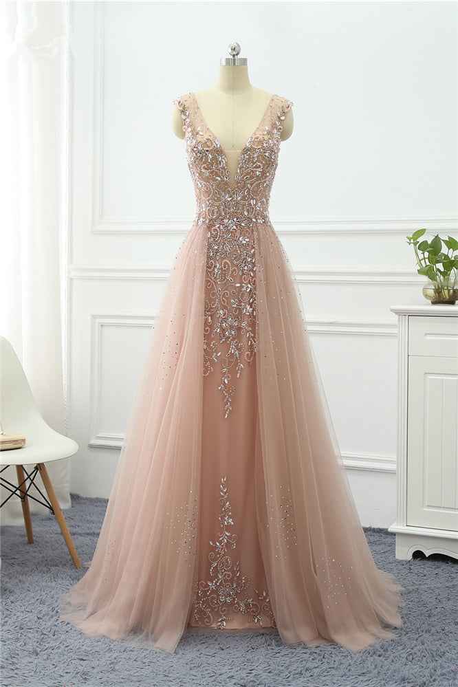 Straps V Neck Sleeveless Tulle A Line Prom Dress Long With Beading
