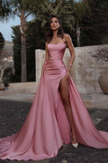 Pink Strapless Split Sleeveless Pleated Prom Dress With Detachable Skirt