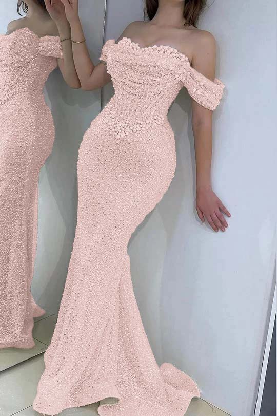 Off the Shoulder Strapless Sleeveless Long Prom Dress With Sequins BMBRIDE