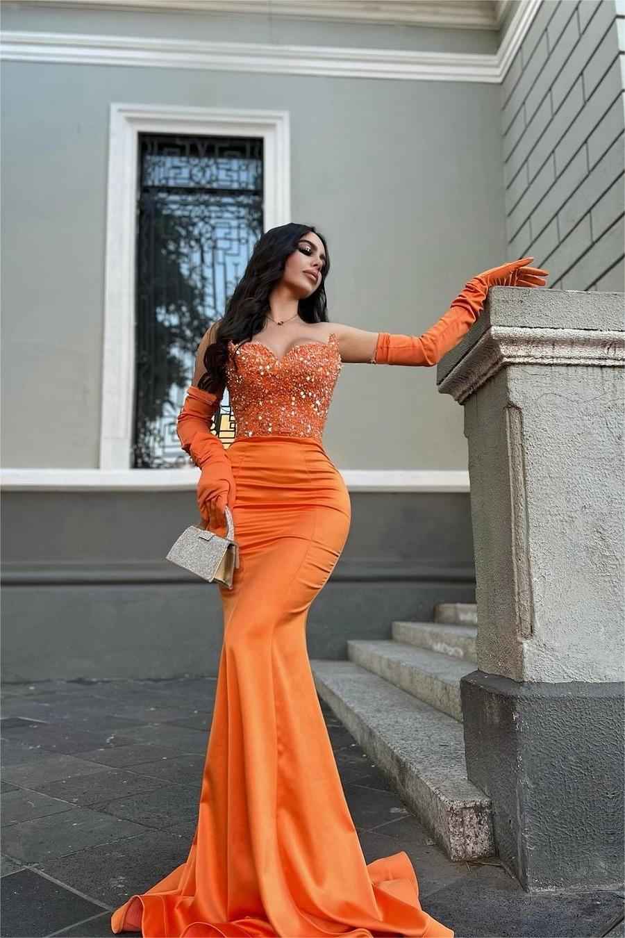 Glamorous Orange Stain Strapless Mermaid Beaded Long Prom Dress With Gloves