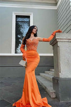 Glamorous Orange Stain Strapless Mermaid Beaded Long Prom Dress With Gloves