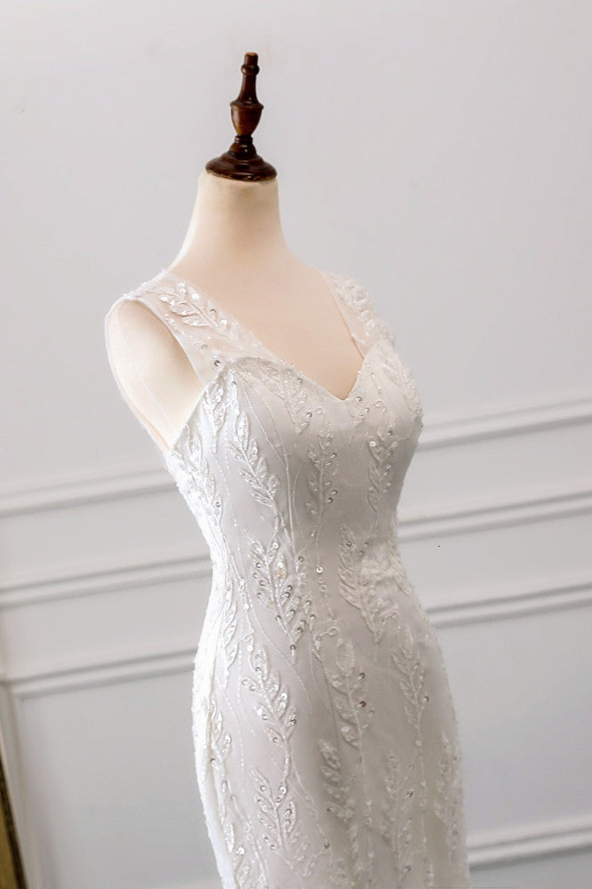 V-Neck Tulle Long Mermaid Wedding Dress with Beading BM bride