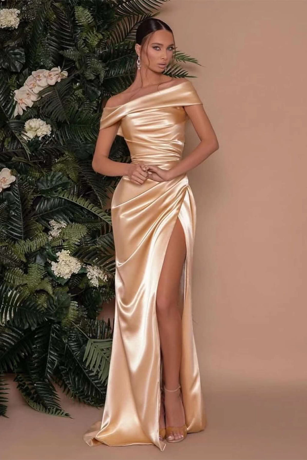 Champagne Off-The-Shoulder Charmeuse Prom Dress with Split Mermaid BM bride