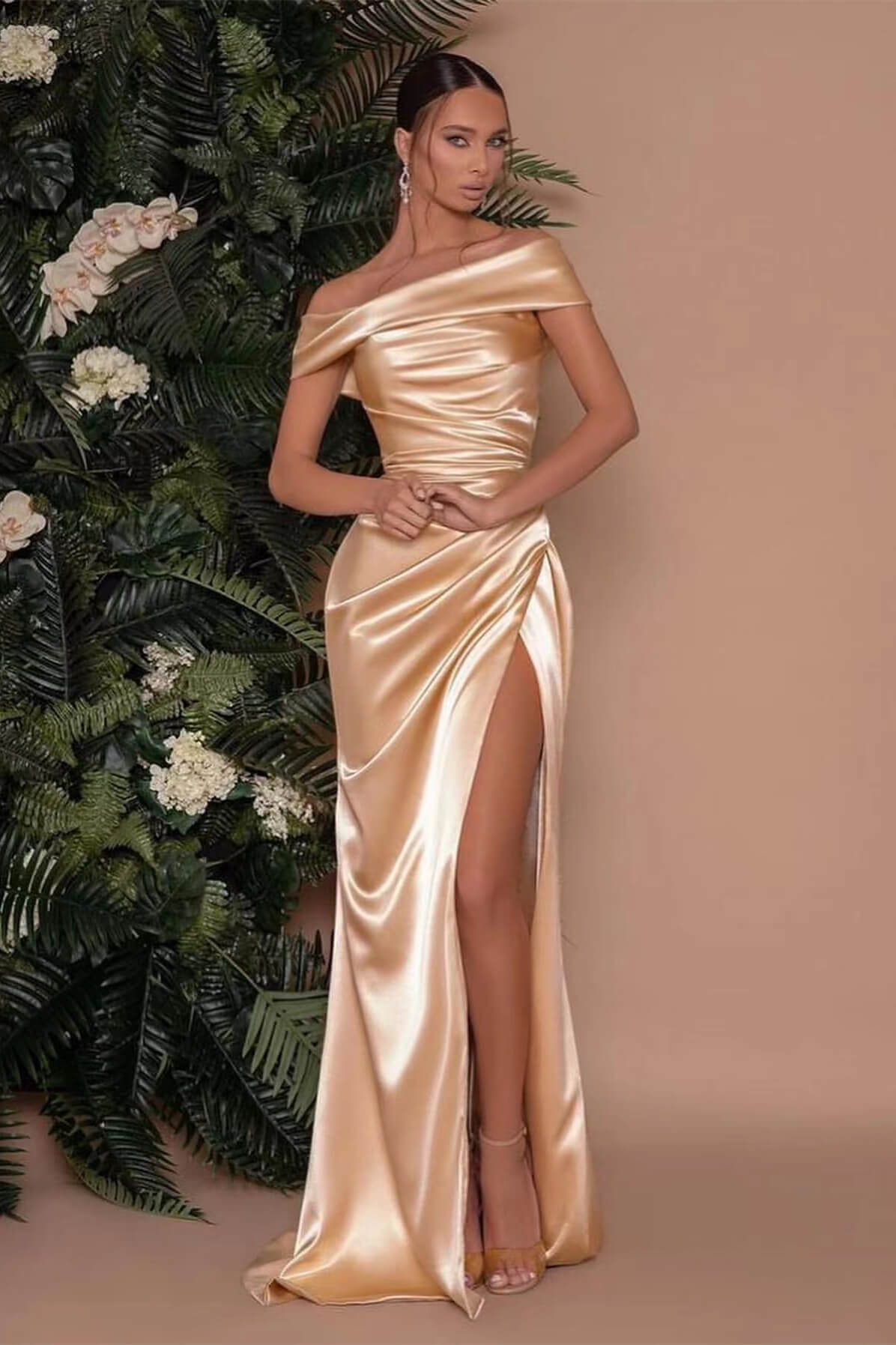 Champagne Off-The-Shoulder Charmeuse Prom Dress with Split Mermaid BM bride