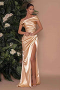 Champagne Off the Shoulder Sleeveless Prom Dress Charmeuse Split Mermaid