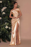 Champagne Off-The-Shoulder Charmeuse Prom Dress with Split Mermaid BM bride