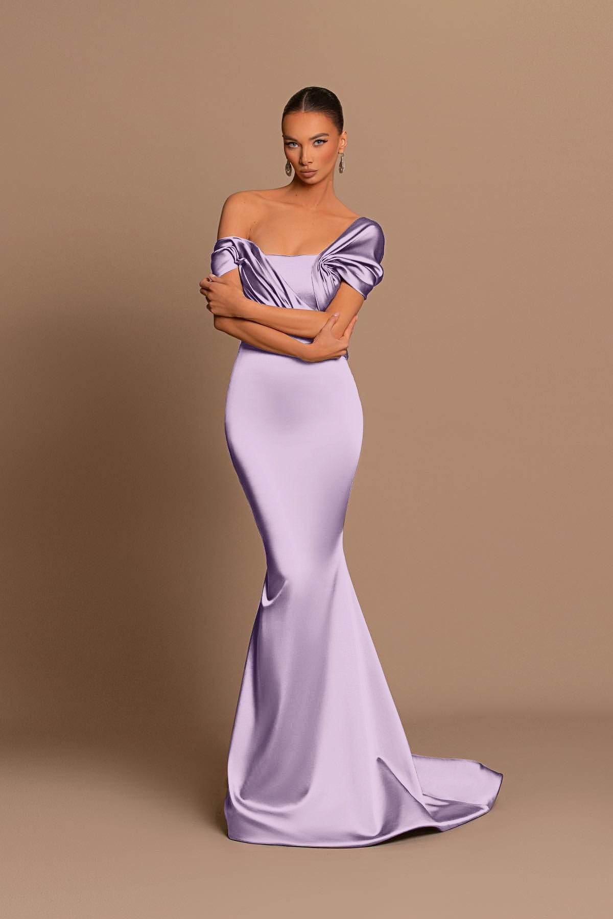 Glamorous Gray Off the Shoulder Mermaid Prom Dress With Pleated BMBRIDE