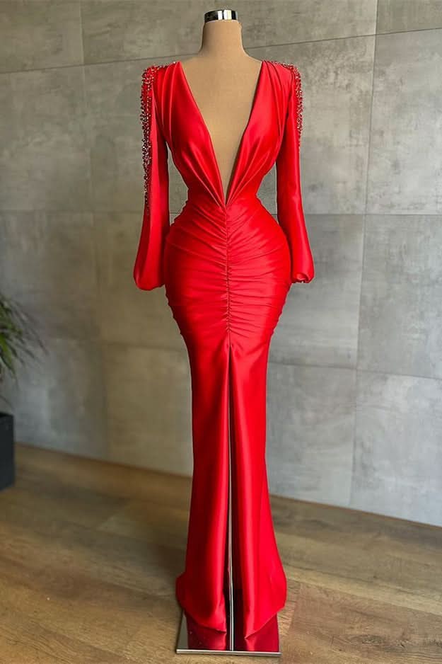 Deep V-Neck Red Mermaid Prom Dress with Long Sleeves BM bride