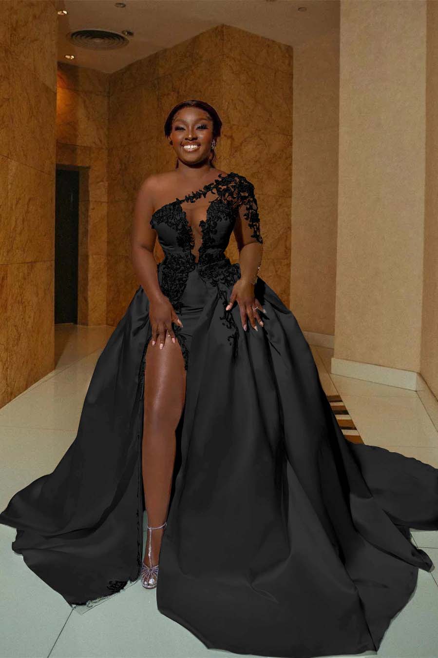 One Shoulder Sleeveless Long Split Prom Dress With Appliques BMBRIDE