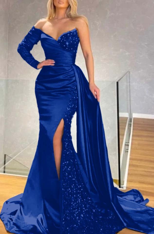 Long Sleeve Strapless Long Split Prom Dress With Pleated Sequins BMBRIDE