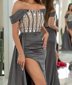 Strapless Sleeveless Prom Dress with Rhinestone and Long Side Slit Trail BM bride