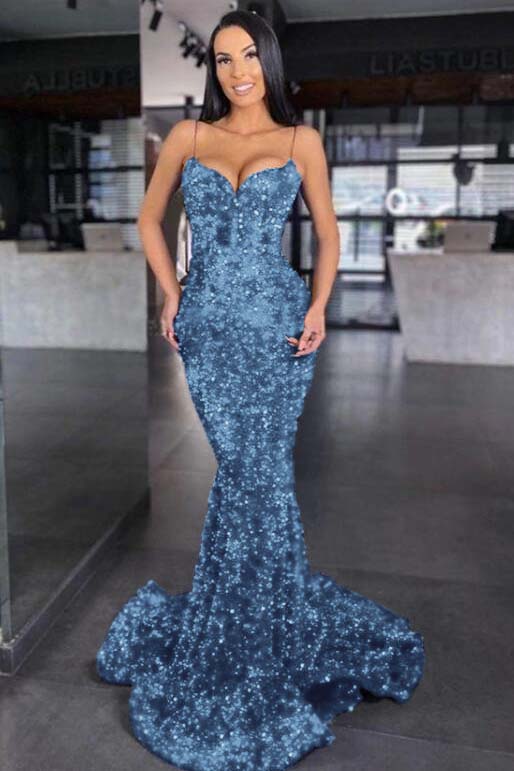 Sweetheart Royal Blue Spaghetti Strap Mermaid Long Prom Dress With Sequins BMBRIDE