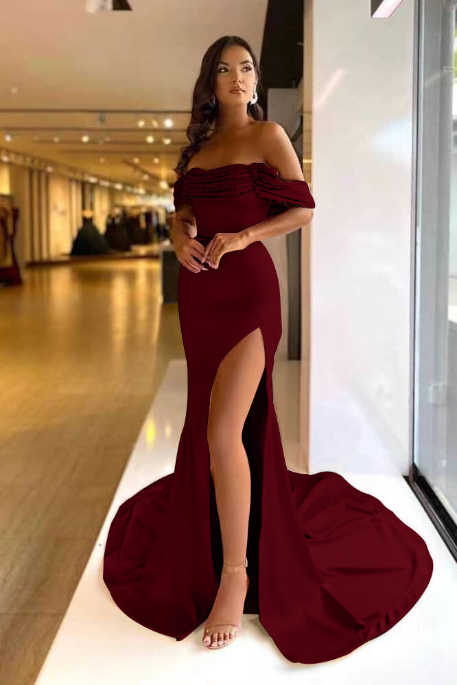 Pink Purple Off-the-Shoulder Beaded Mermaid Prom Dress with Split BM bride