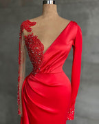 Red Long Sleeves Mermaid Prom Dress BM bride