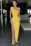 Yellow One-Shoulder Mermaid Evening Dress with Sequins and Split BM bride