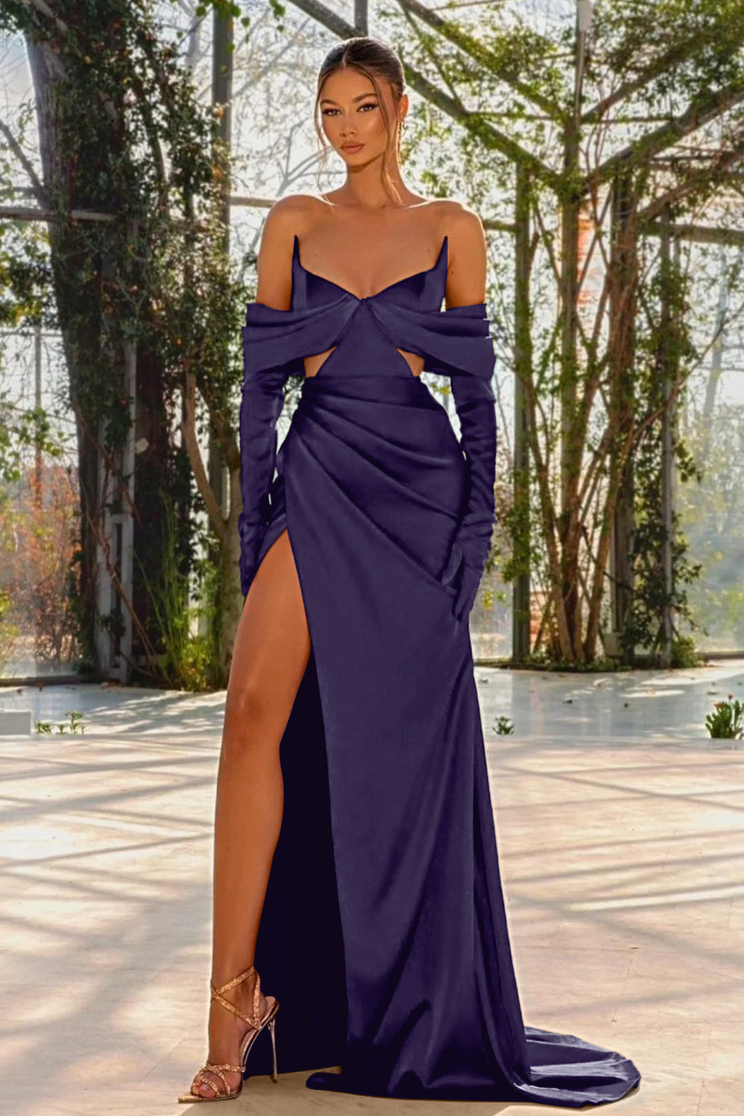 Off the Shoulder Prom Dress Red Half Sleeves With Slit Pleated Gloves BMBRIDE