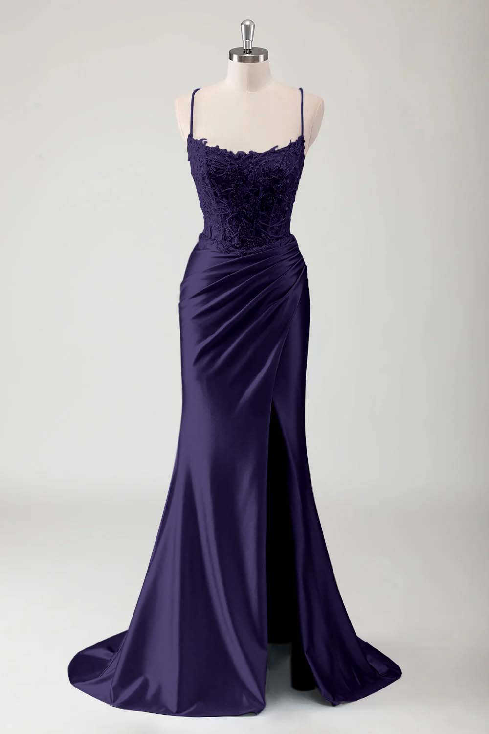 Spaghetti Strap Sleeveless Long High Split Prom Dress With Appliques BMBRIDE