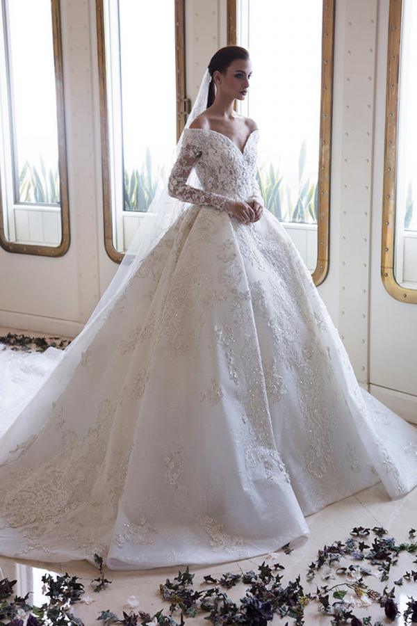 Off-the-Shoulder Sweetheart Long Sleeve A-Line Backless Wedding Dress with Lace, Appliques, and Crystal BM bride