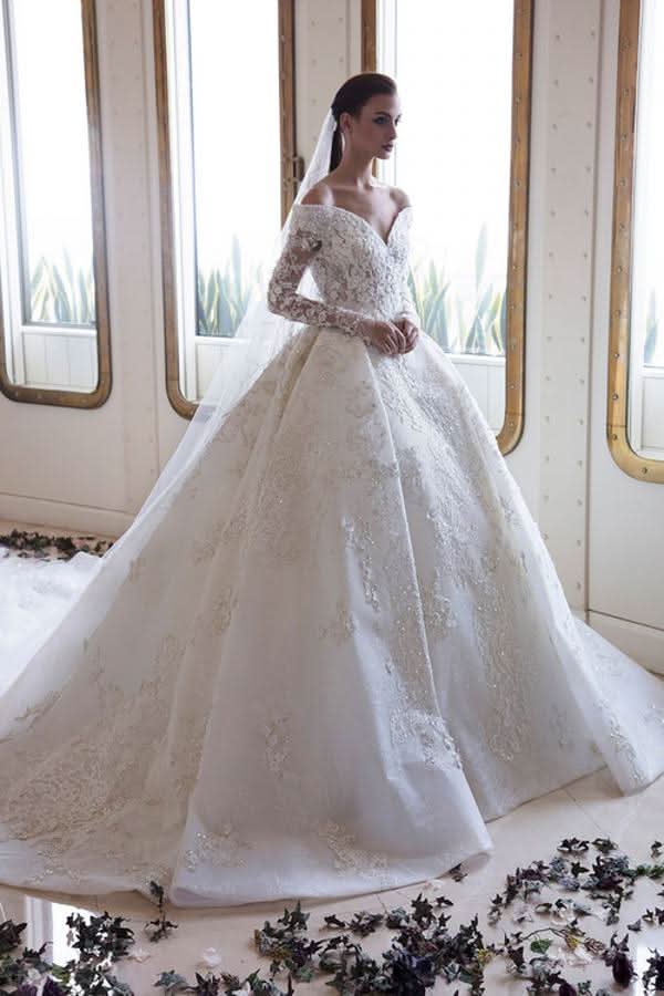 Off-the-Shoulder Sweetheart Long Sleeve A-Line Backless Wedding Dress with Lace, Appliques, and Crystal BM bride